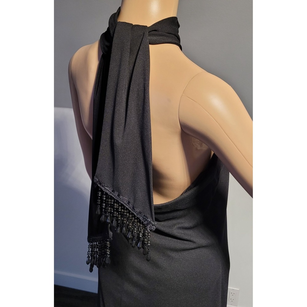Scene Ladies Black Elegant Long Dress Size 7/8 With Beading Accent and V Hem - Picture 9 of 9